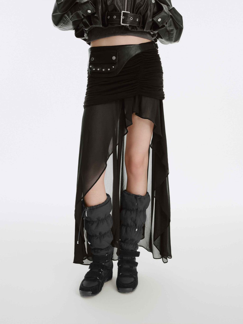Ruched Asymmetric Chiffon Maxi Skirt Black
