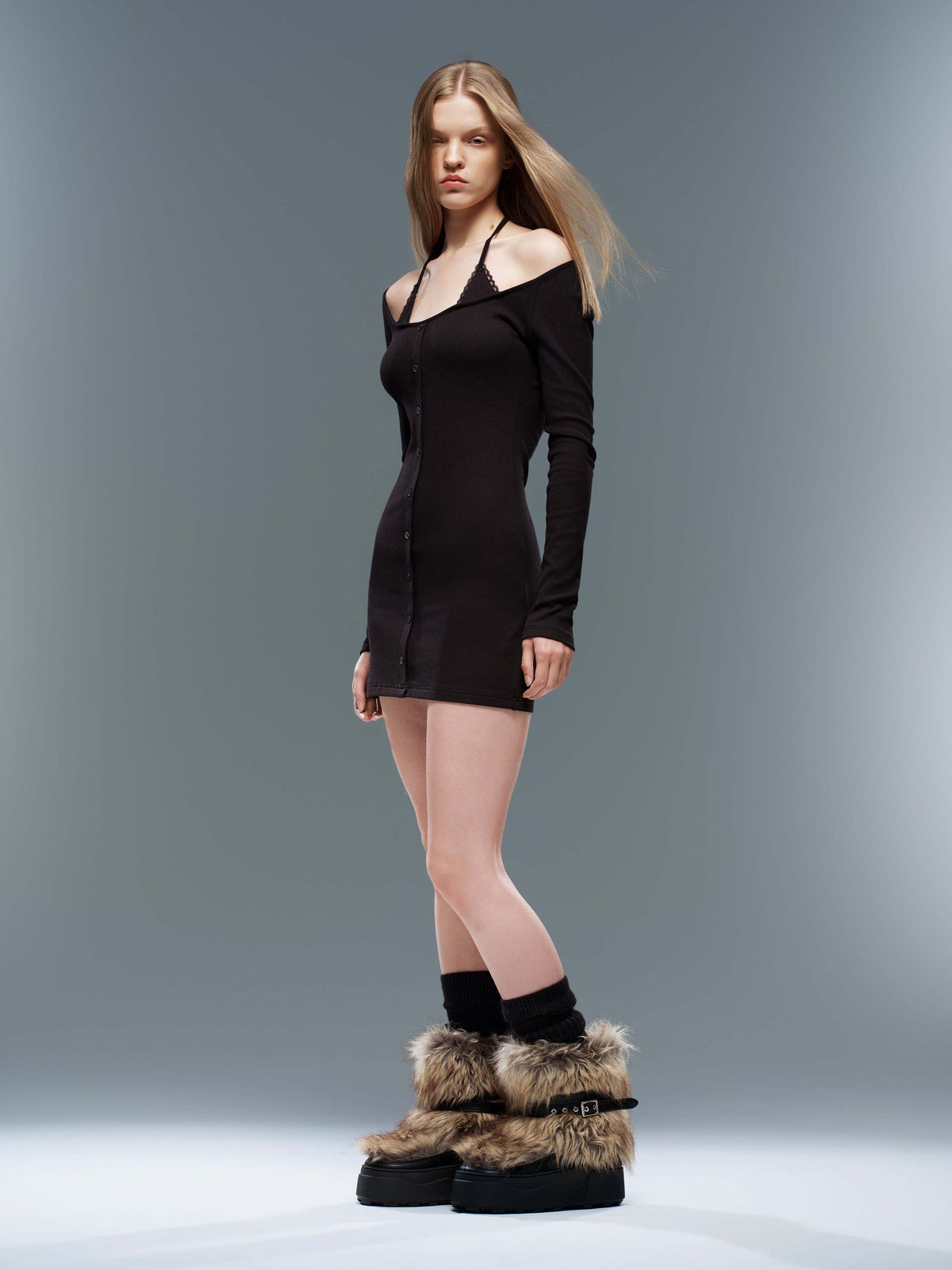 KHIONE Fur Platform Ankle Boots Brown