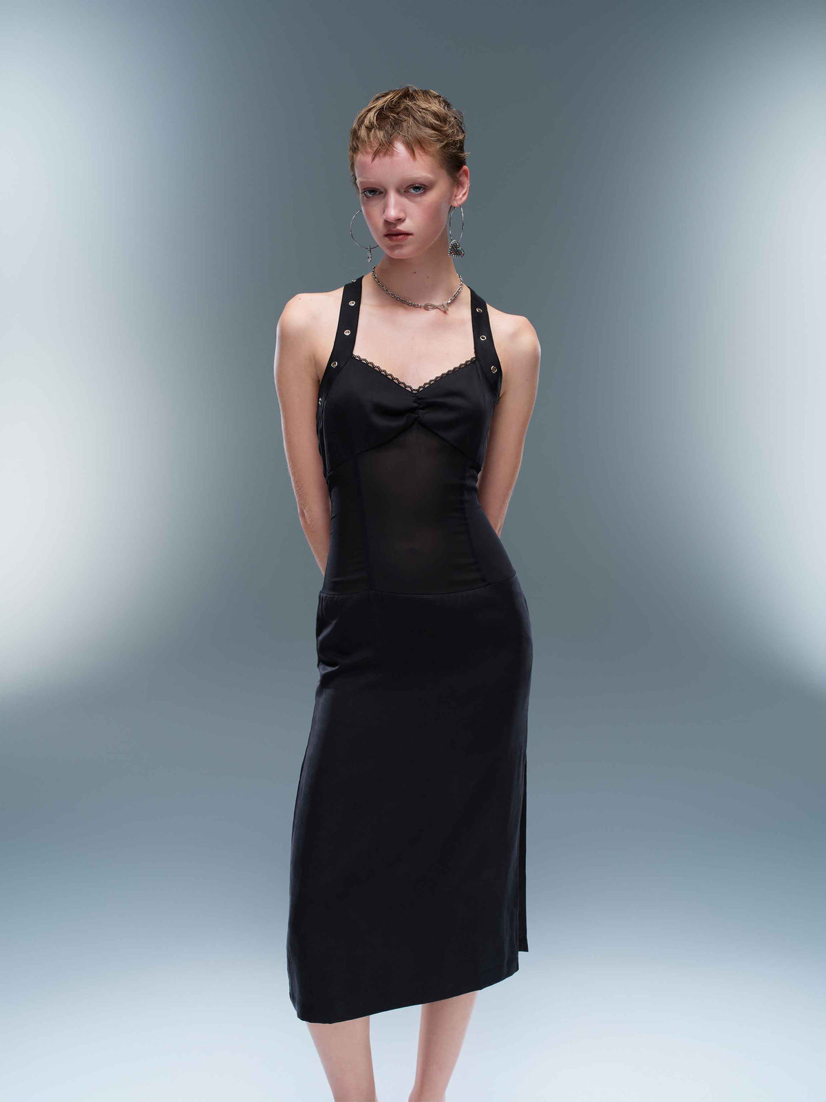 Studded Lace-Up Mesh Midi Dress Black