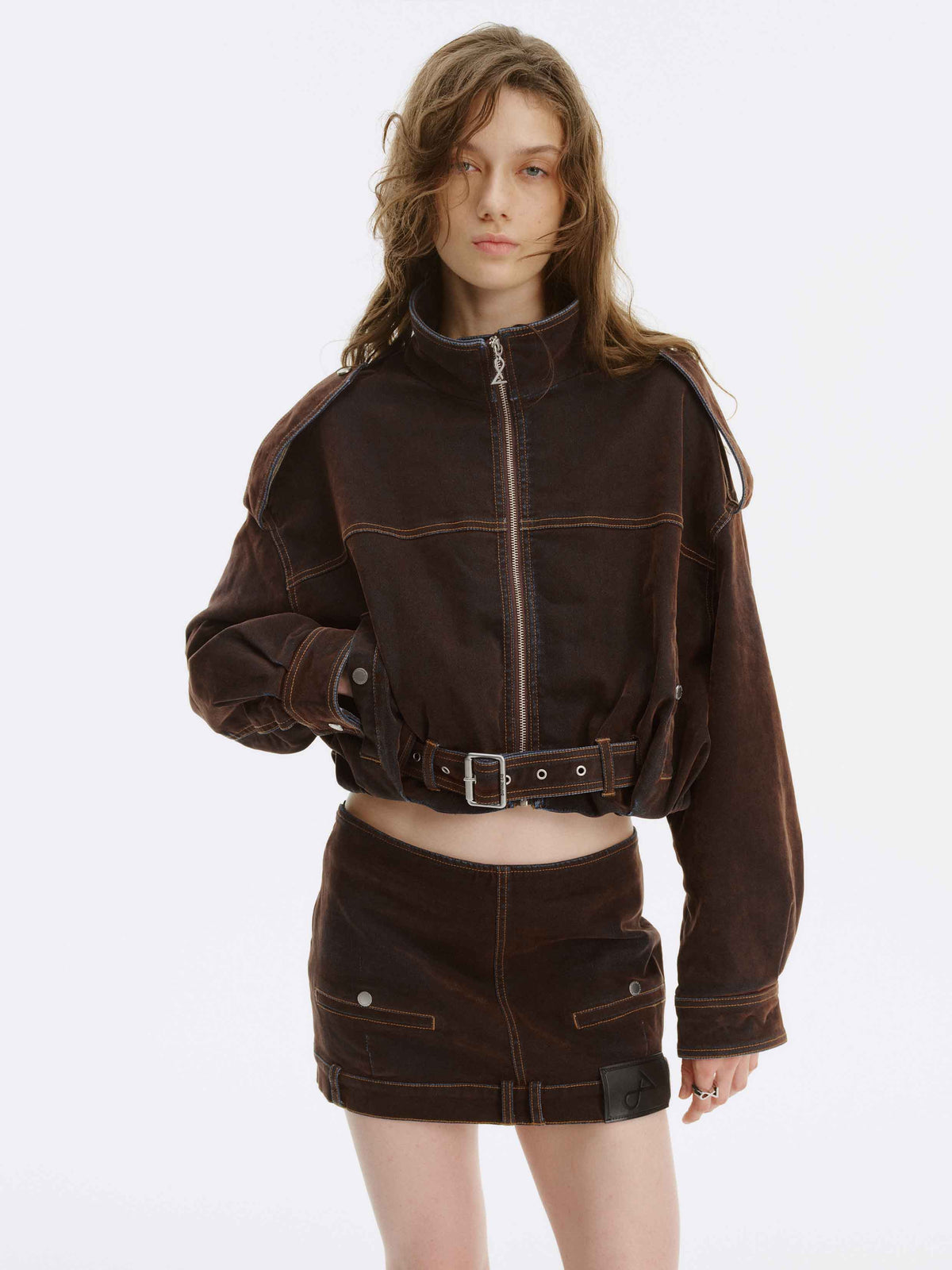 Washed Belted Cropped Moto Jacket Reddish Brown