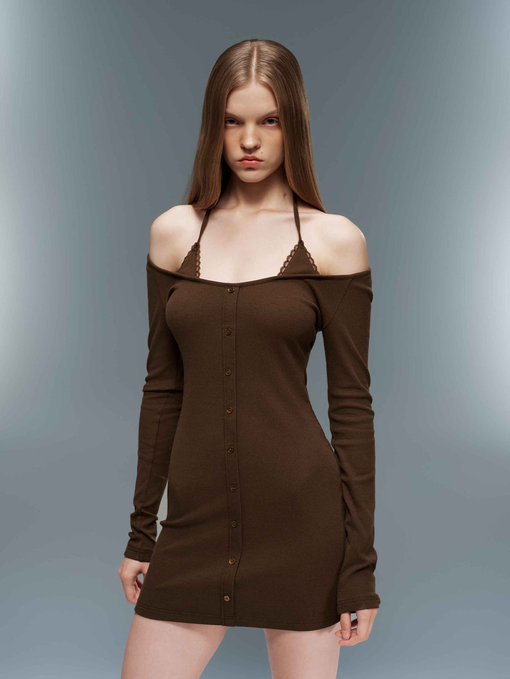 Layered Halter Knit Mini Dress Espresso Brown
