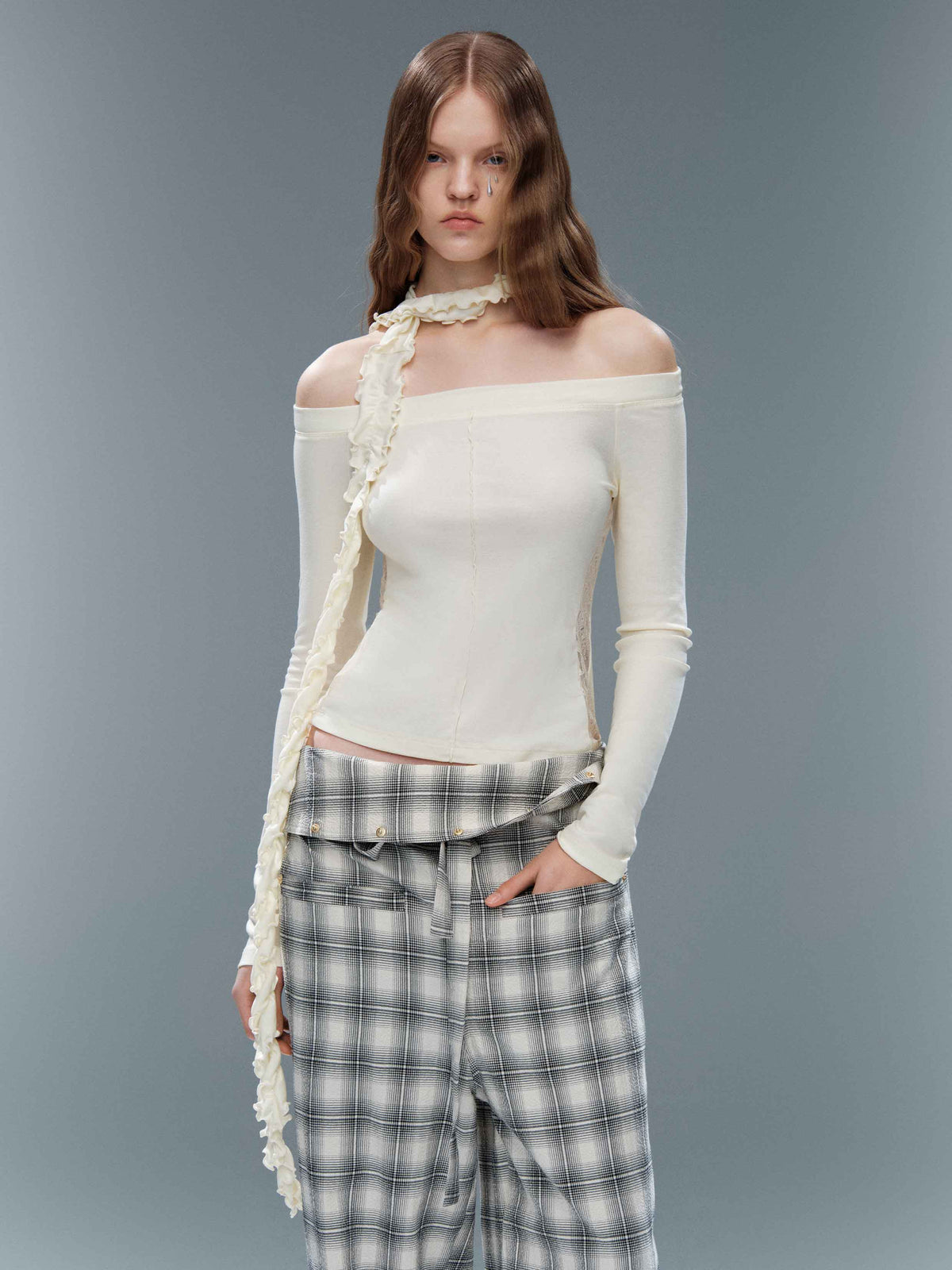 Lace Panel Off-Shoulder Top with Ruffle Scarf Ivory