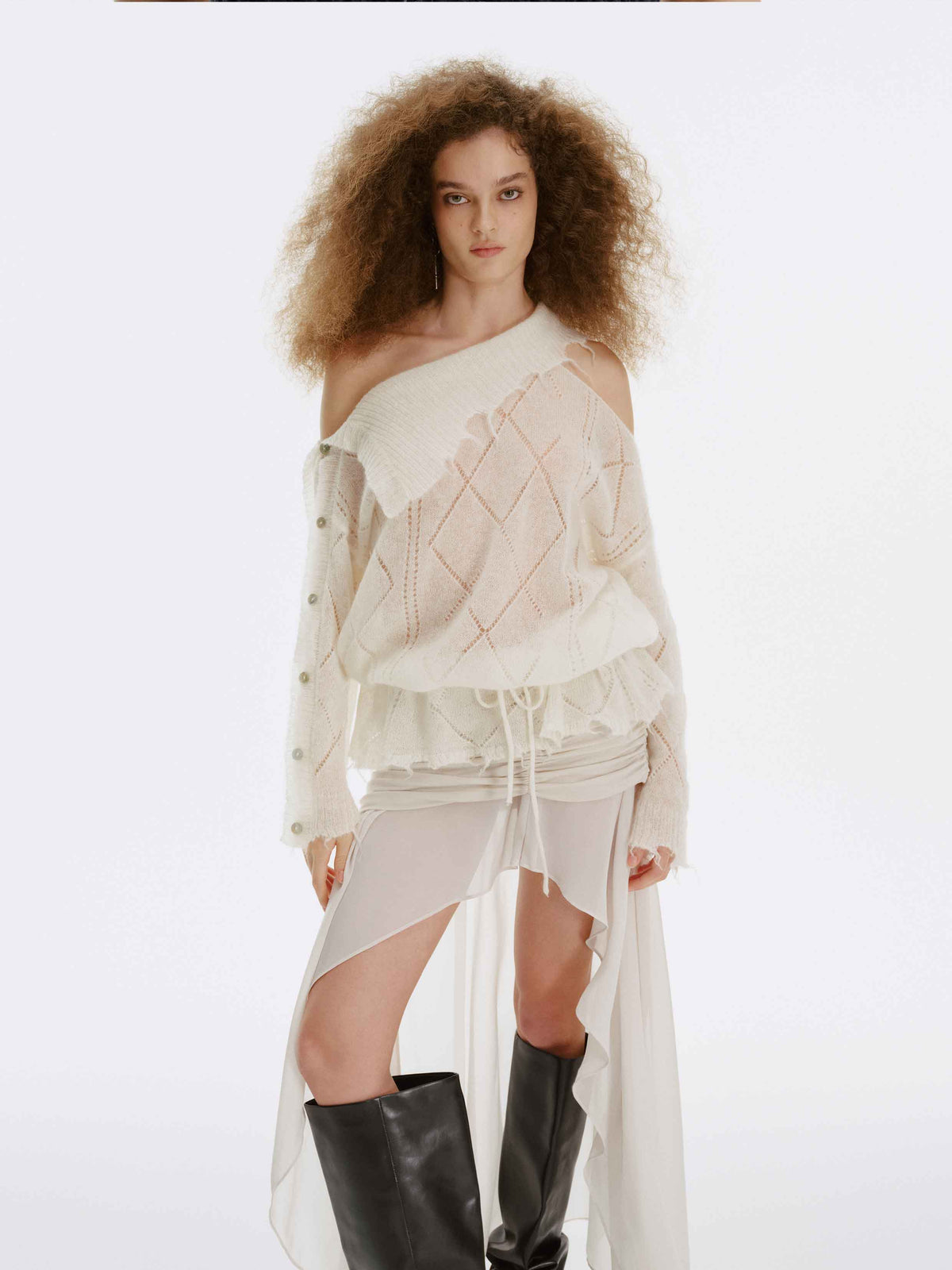 Asymmetric Off-Shoulder Mohair Knit Sweater Ivory White