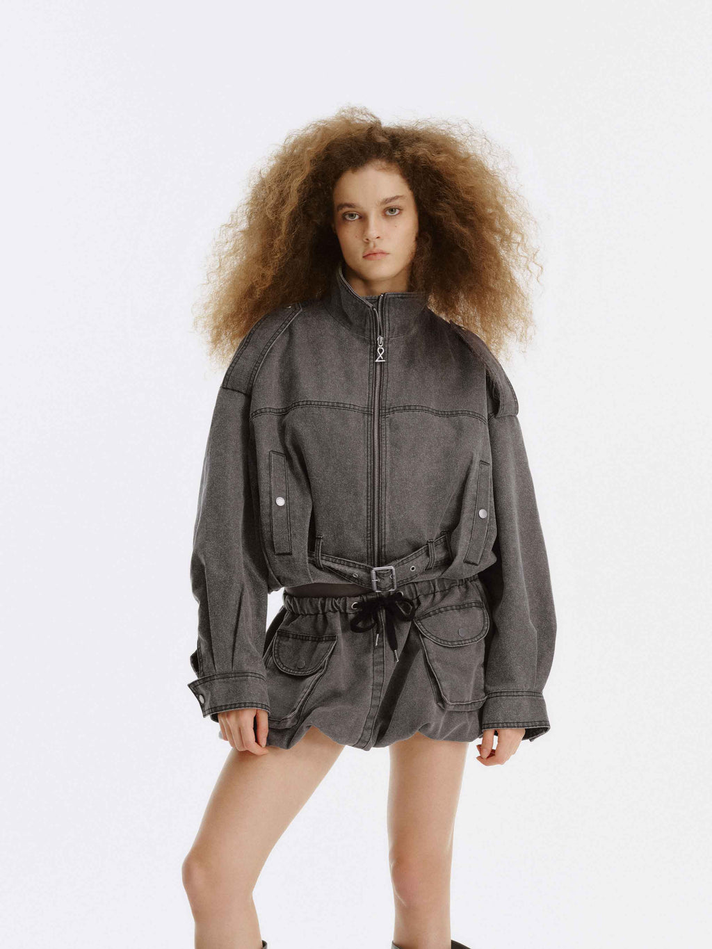 Washed Belted Cropped Moto Jacket Gray