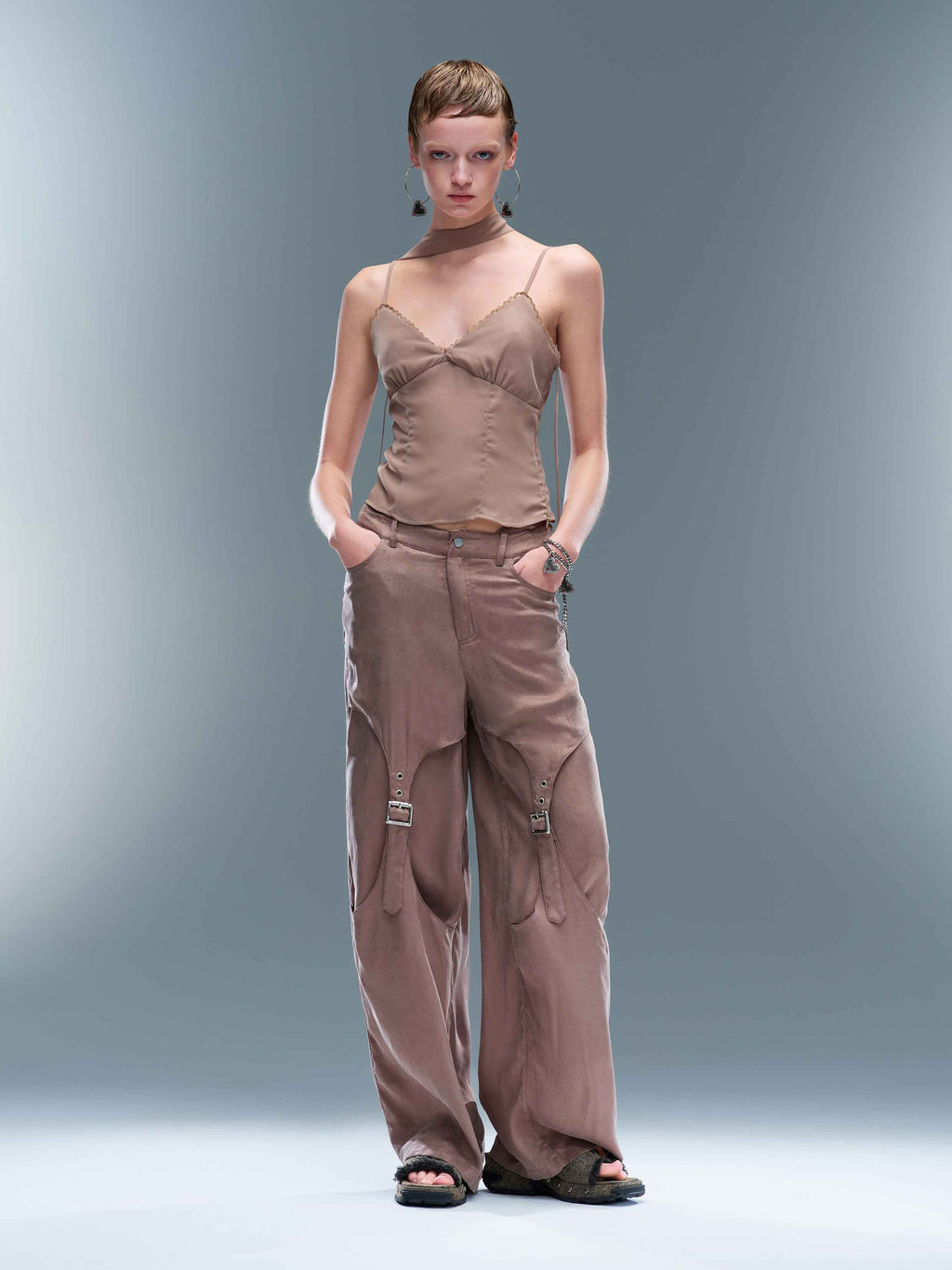 Cutout Buckle Straight-Leg Pants Taupe Brown
