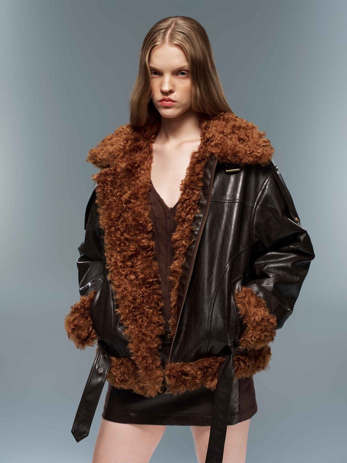 Faux Shearling Belted Biker Jacket Espresso Brown