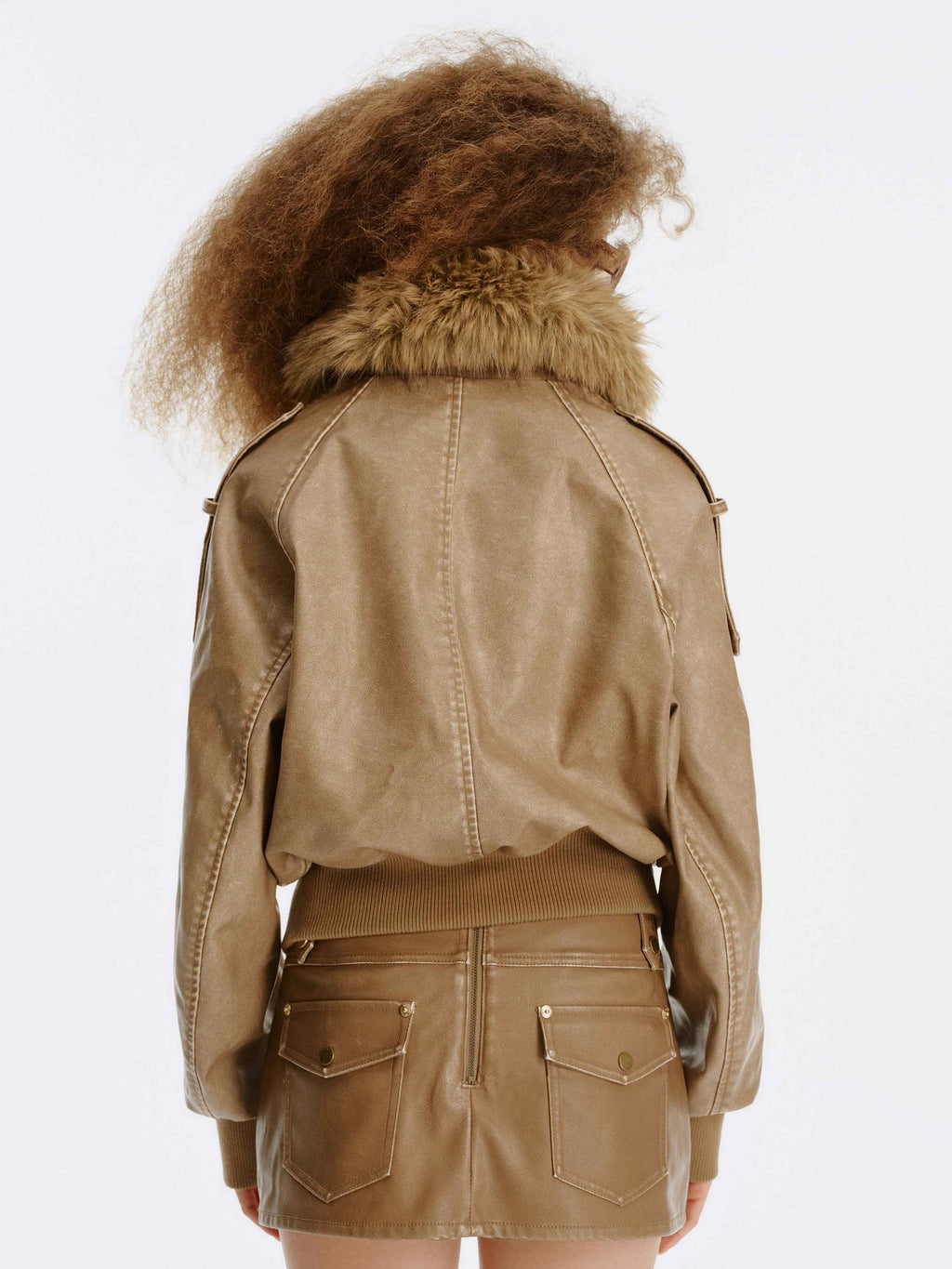 Detachable Fur-Collar Washed Moto Jacket Khaki Brown
