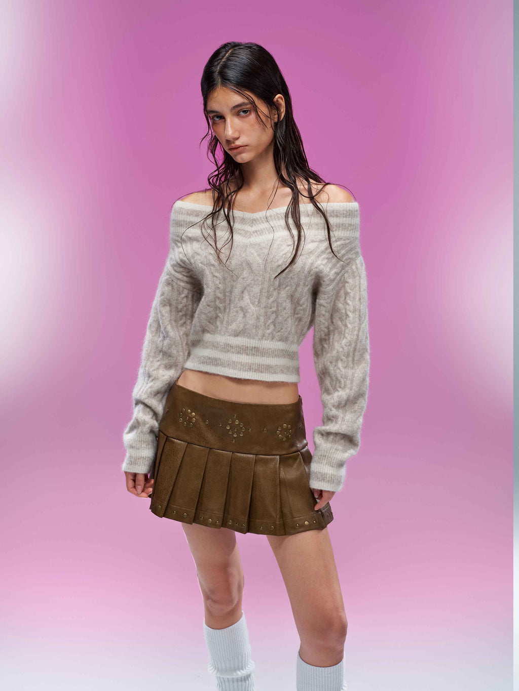 Convertible Off-Shoulder Cable Knit Sweater Oatmeal Cream