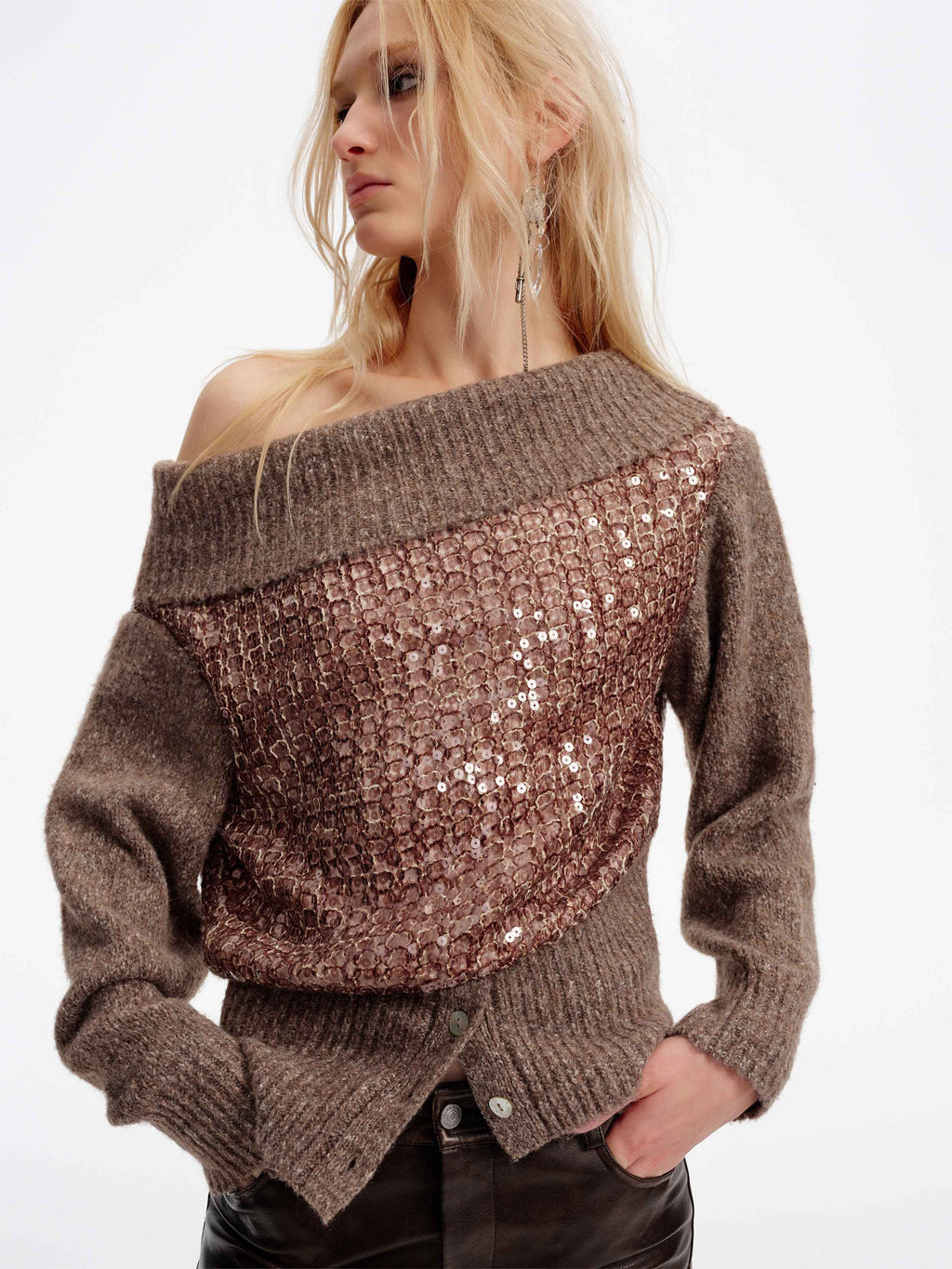 Off-Shoulder Sequin Knit Sweater Taupe Brown