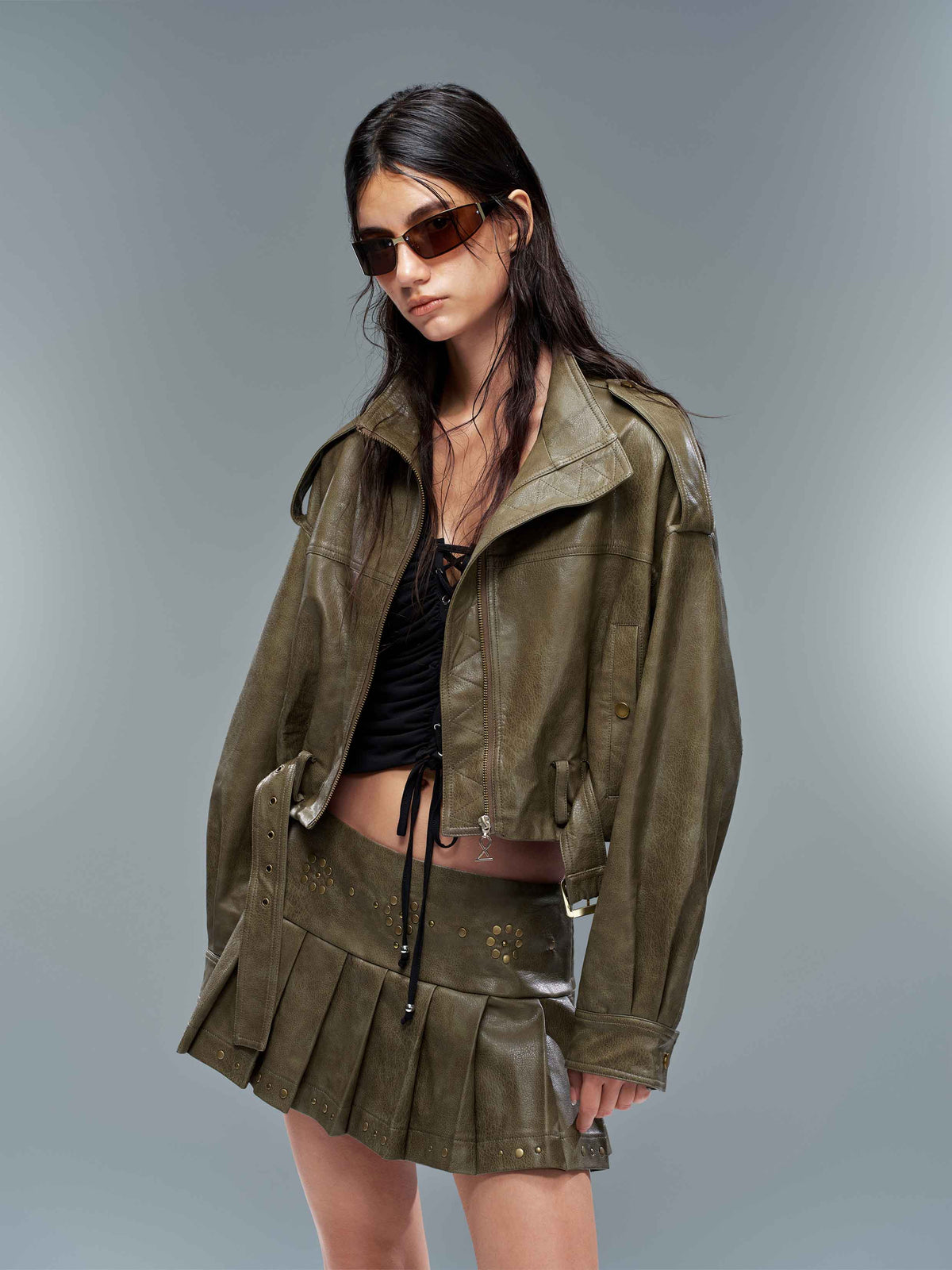 Studded Low-Rise Pleated Mini Skirt Dark Olive