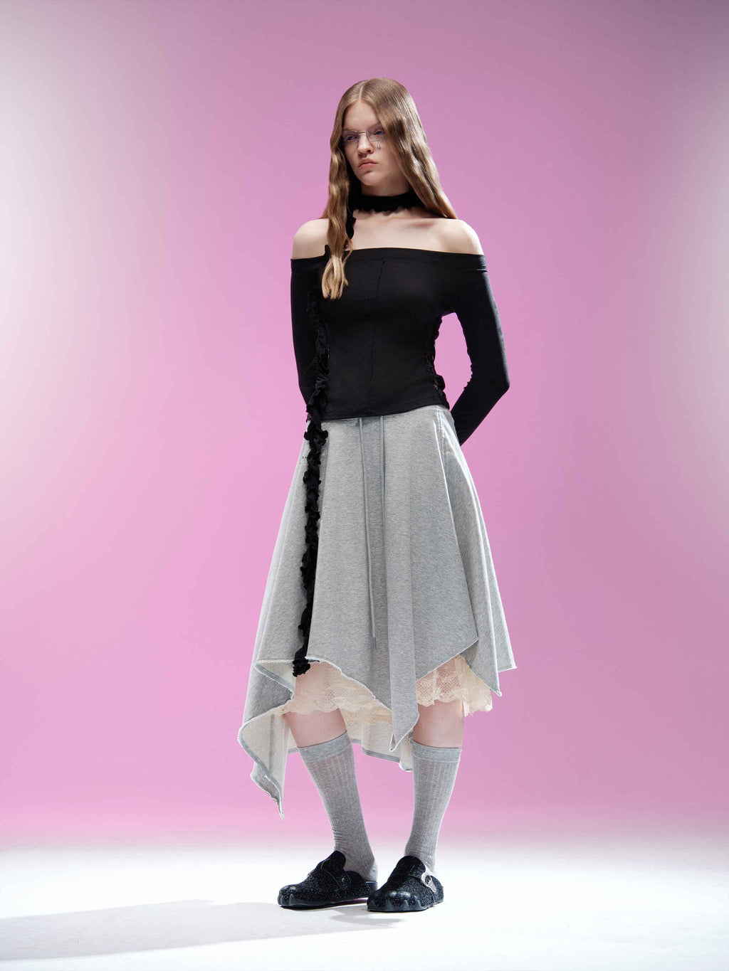 Lace Panel Off-Shoulder Top with Ruffle Scarf Black
