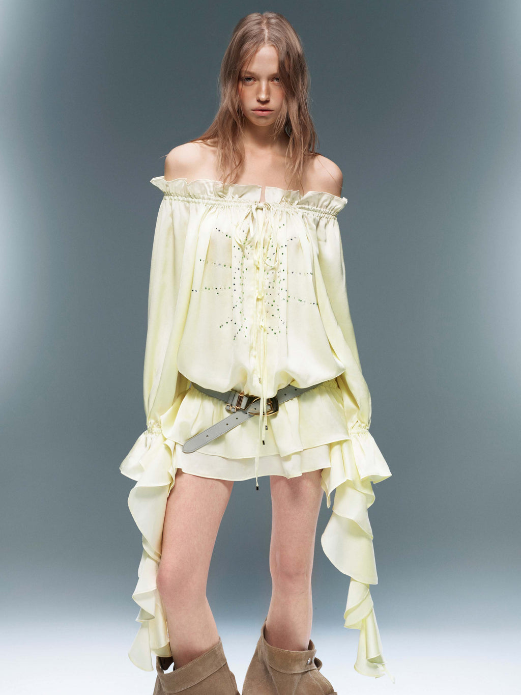Crystal Ruffle Off-Shoulder Blouse Butter Yellow