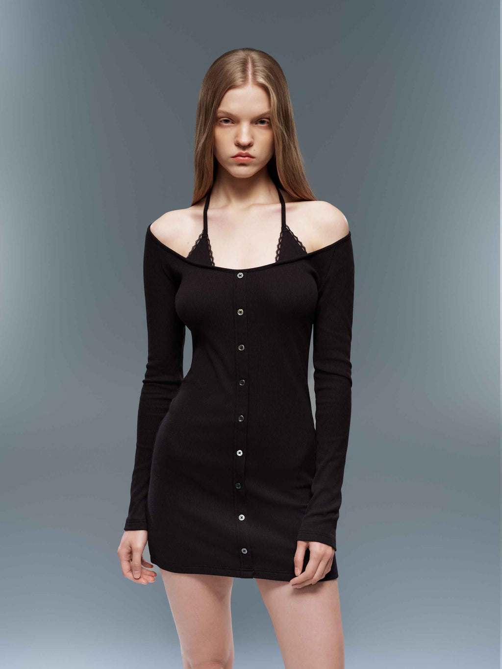 Layered Halter Knit Mini Dress Black