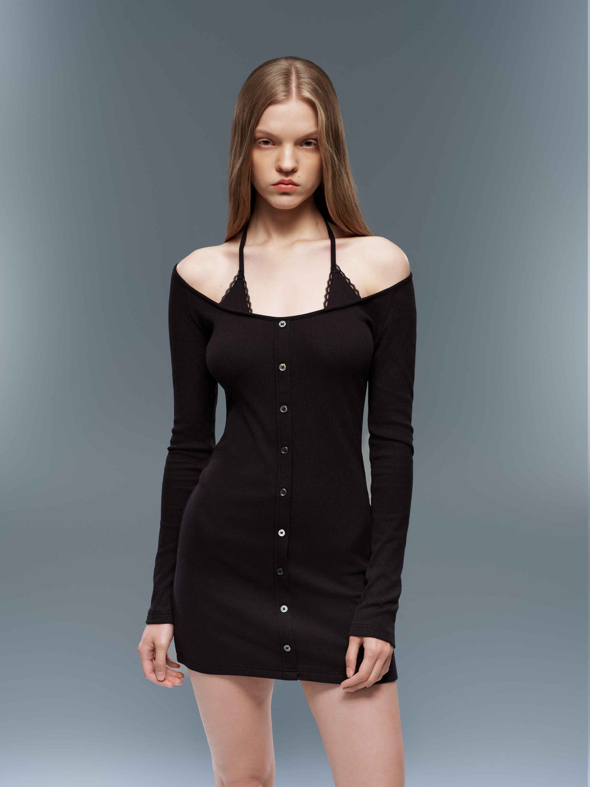 Layered Halter Knit Mini Dress Black