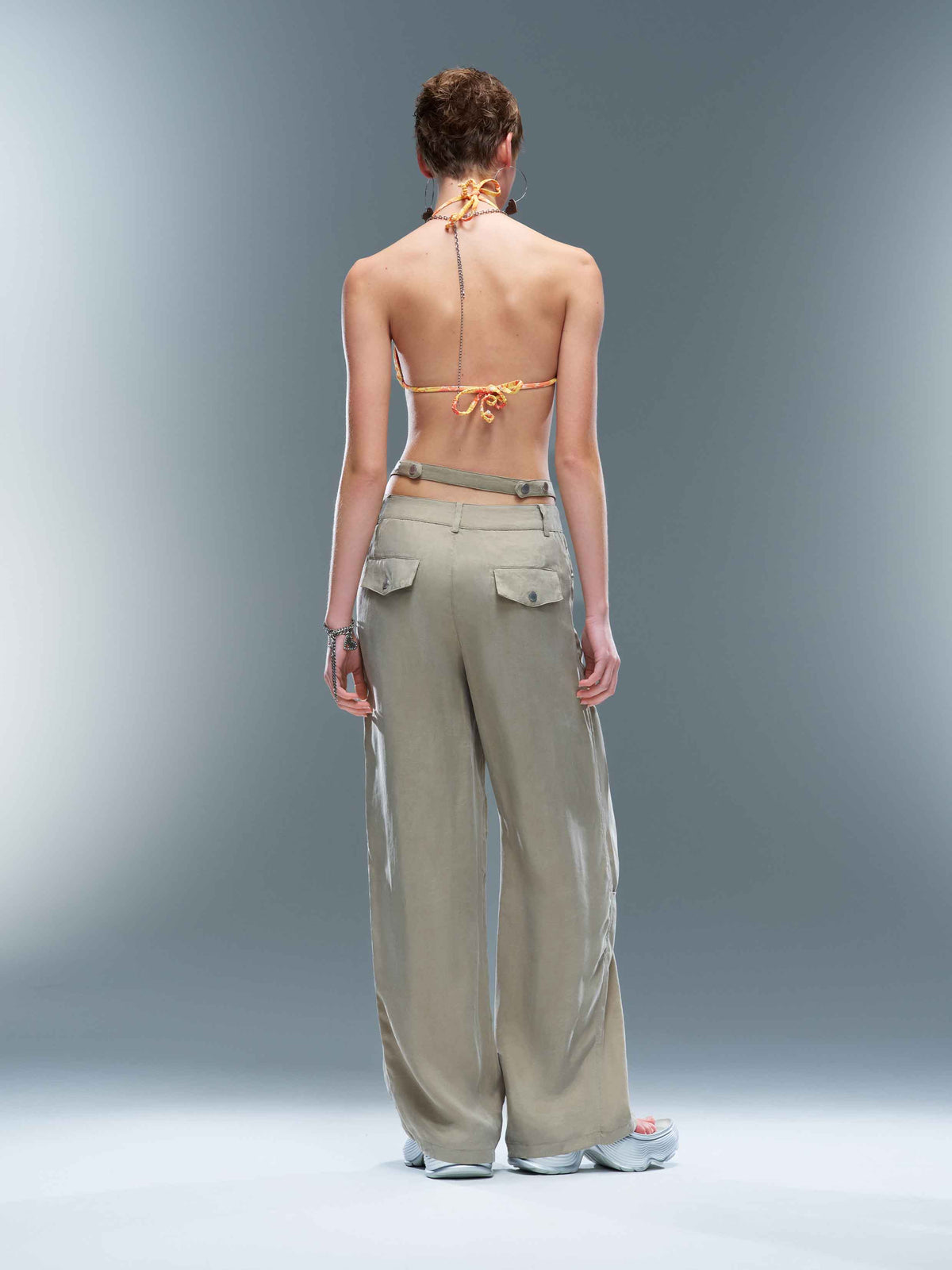 Cutout Buckle Straight-Leg Pants Sage Beige
