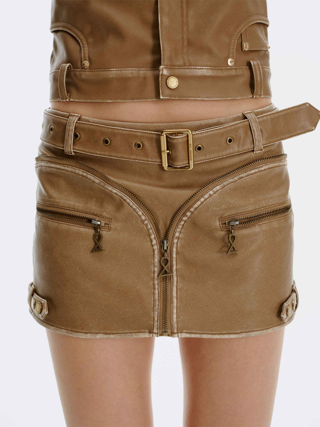Distressed Biker Buckle Mini Skirt Khaki
