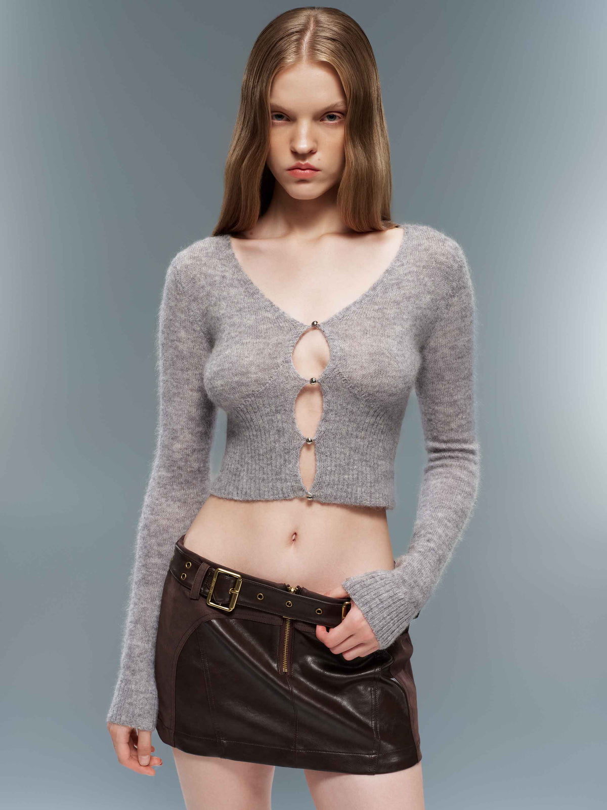 Mohair Cutout V-Neck Knit Cardigan Gray