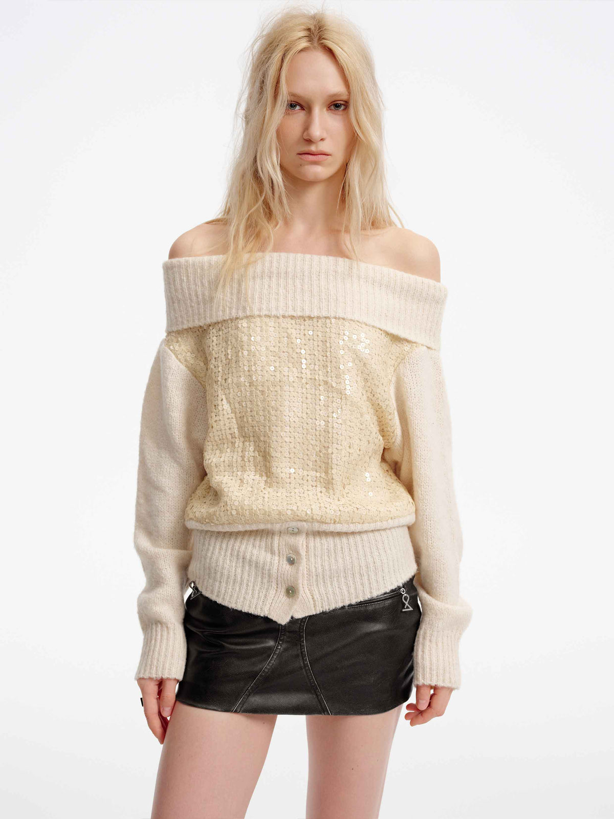 Off-Shoulder Sequin Knit Sweater Beige