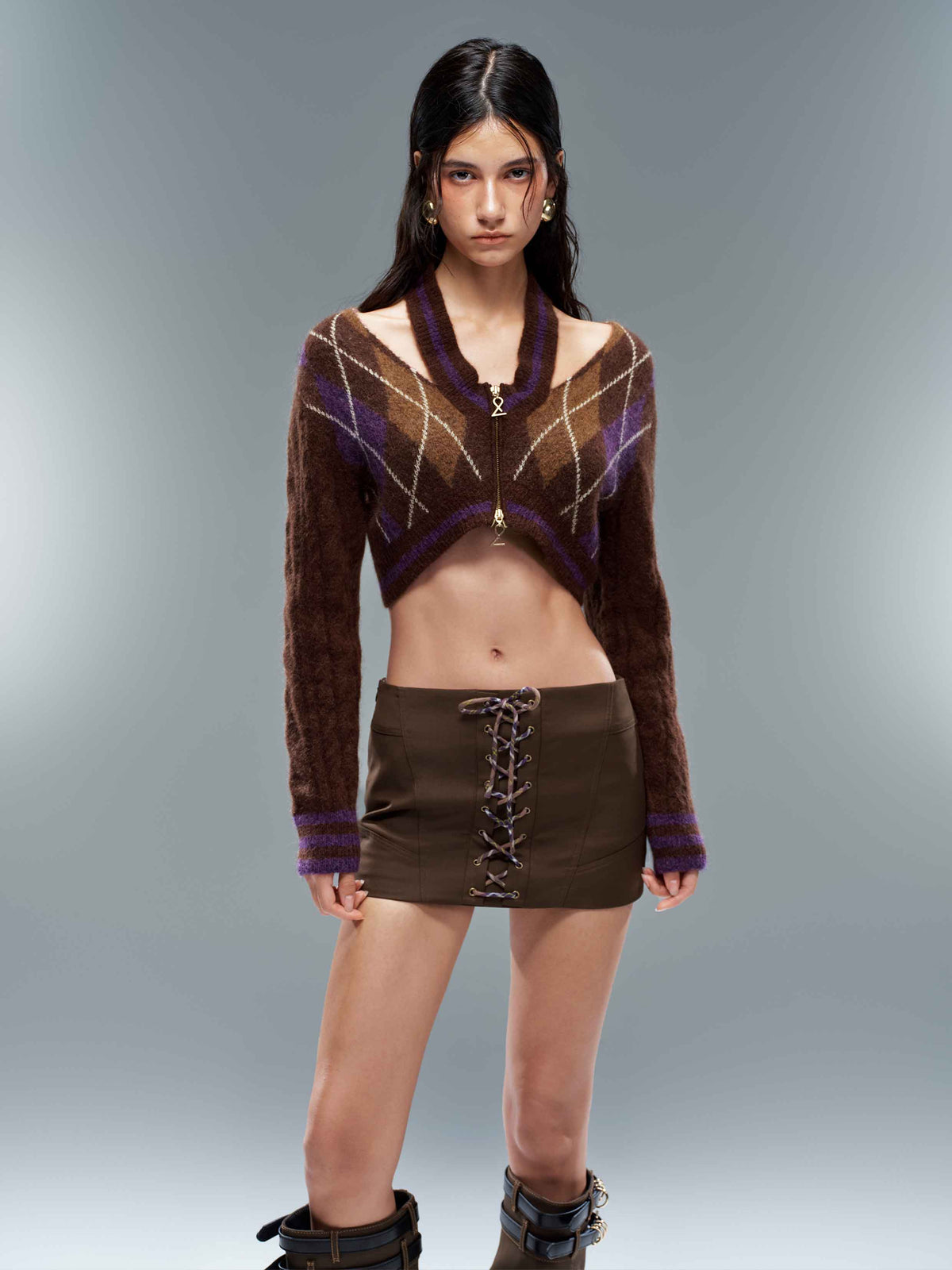 Argyle Halter Zip-Up Cropped Cardigan