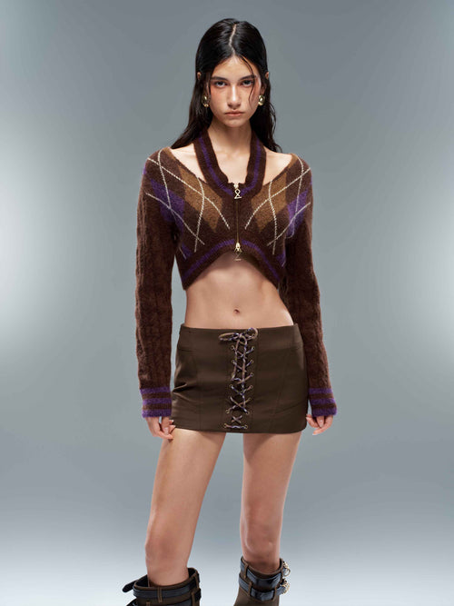 Argyle Halter Zip-Up Cropped Cardigan