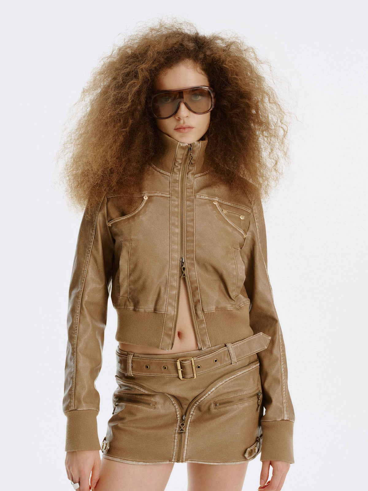 Vintage Washed Cropped Biker Jacket Light Brown