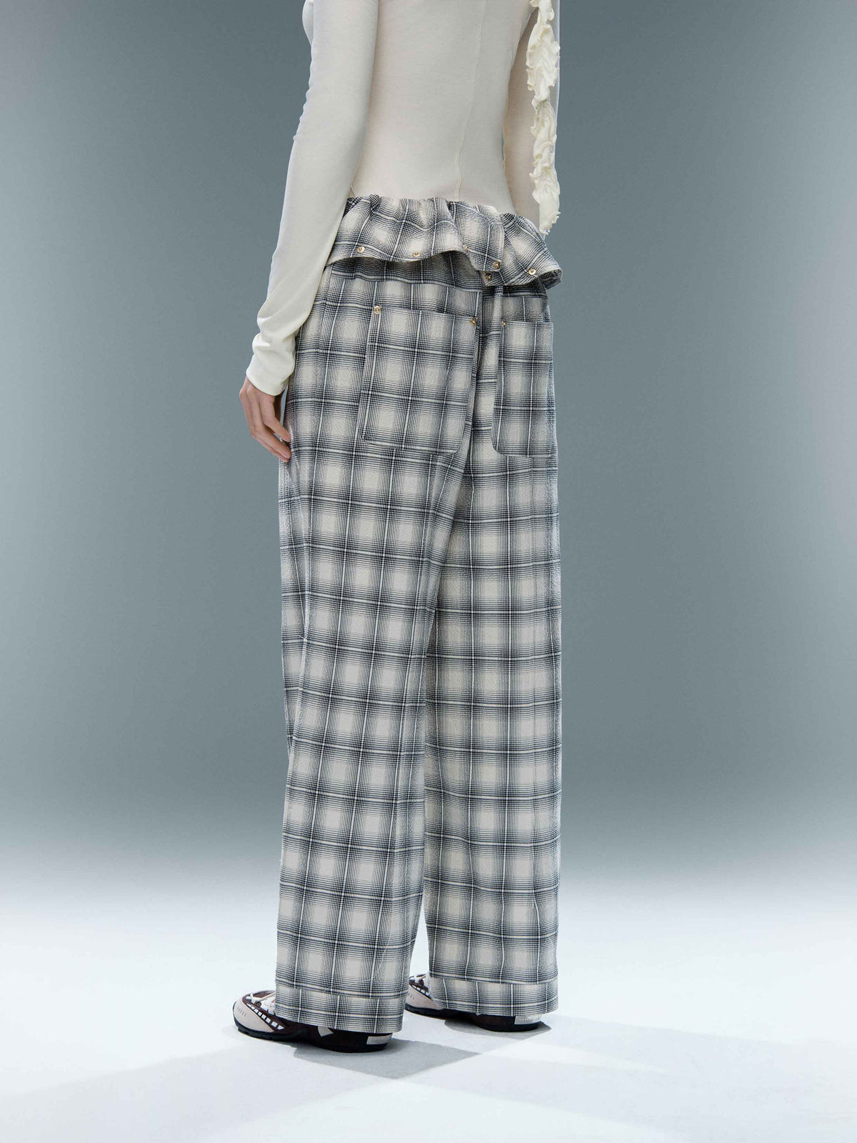 Foldover Plaid Wide-Leg Pants