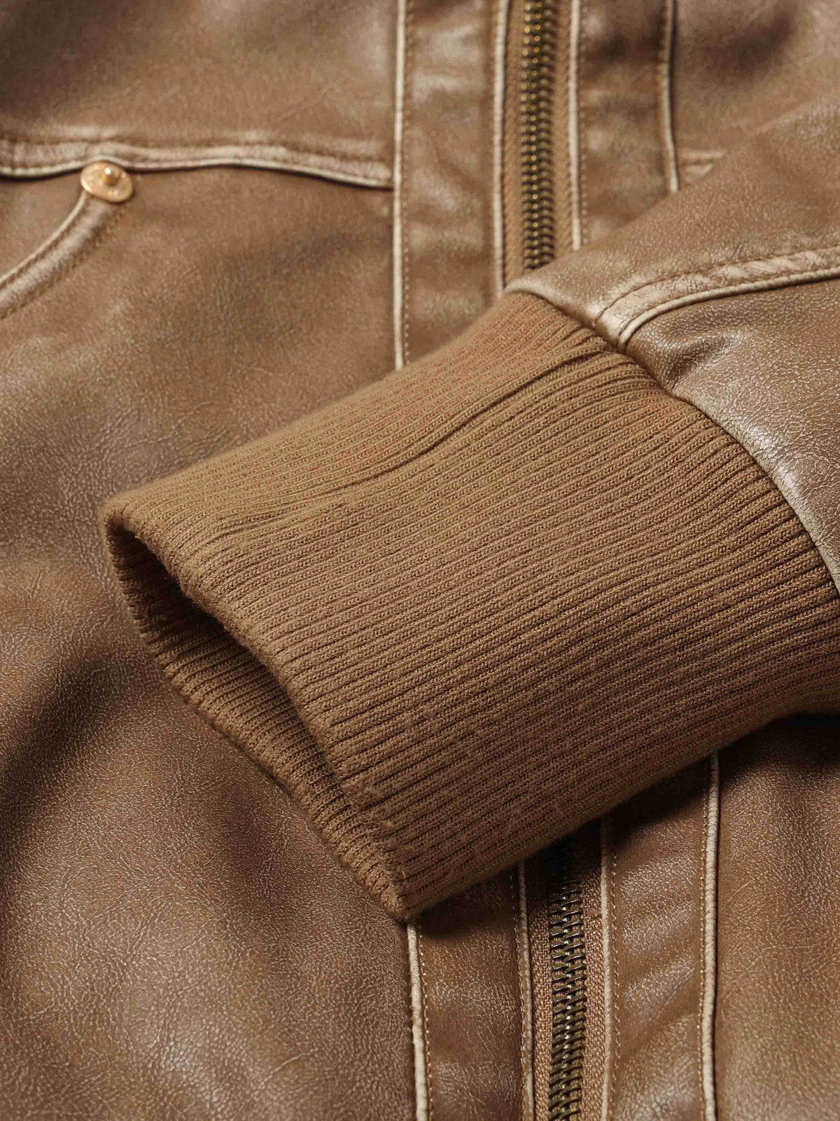 Vintage Washed Cropped Biker Jacket Light Brown