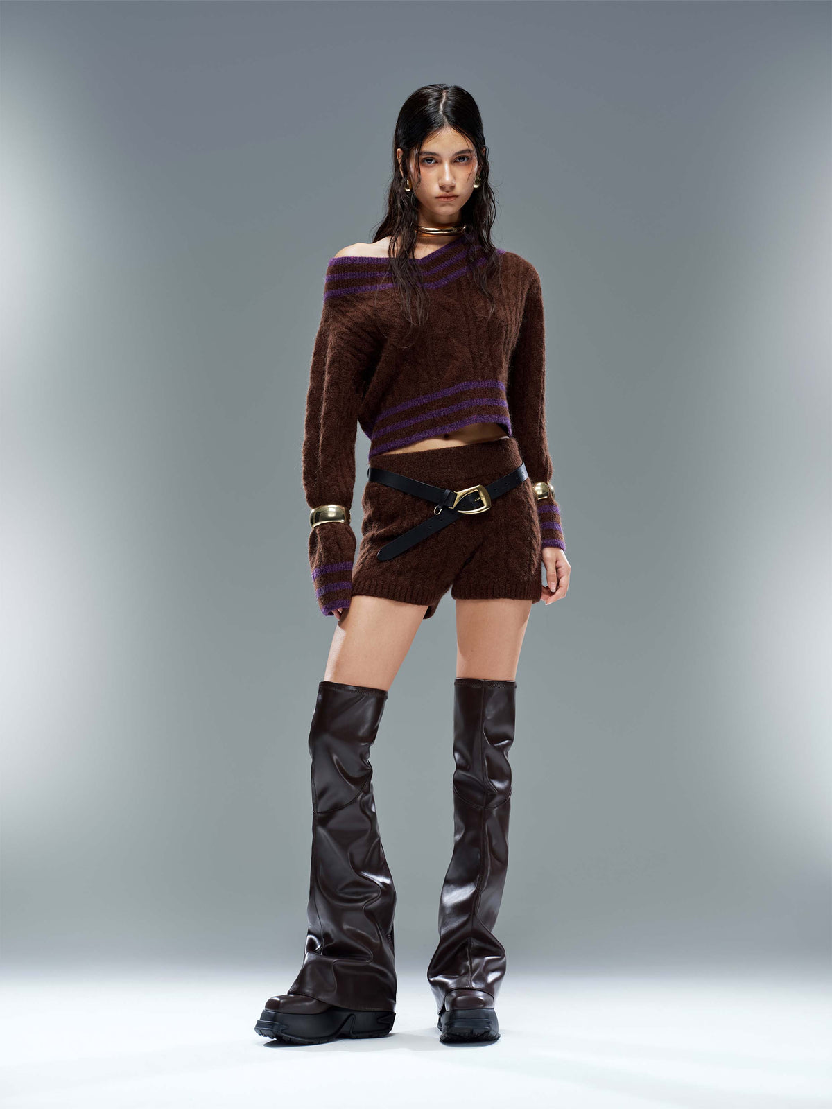 MOIRA Overknee-Stiefel mit Plateau und Karoeinsatz Schokoladenbraun