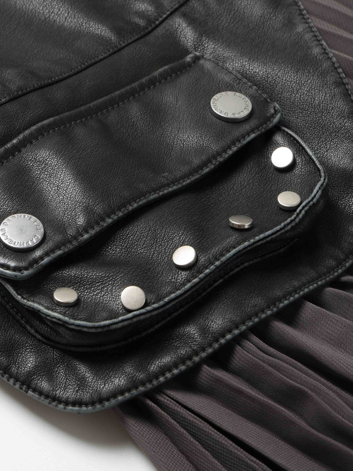Pleated Leather-Waist Midi Skirt