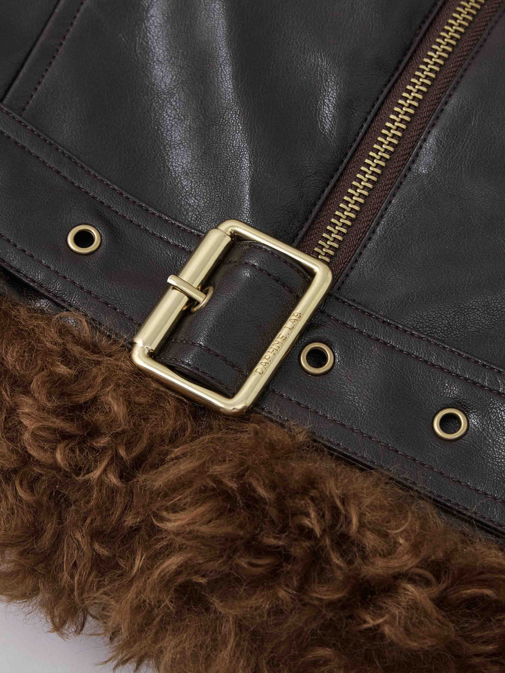 Faux Shearling Belted Biker Jacket Espresso Brown