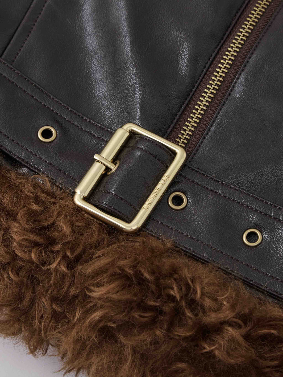Faux Shearling Belted Biker Jacket Espresso Brown