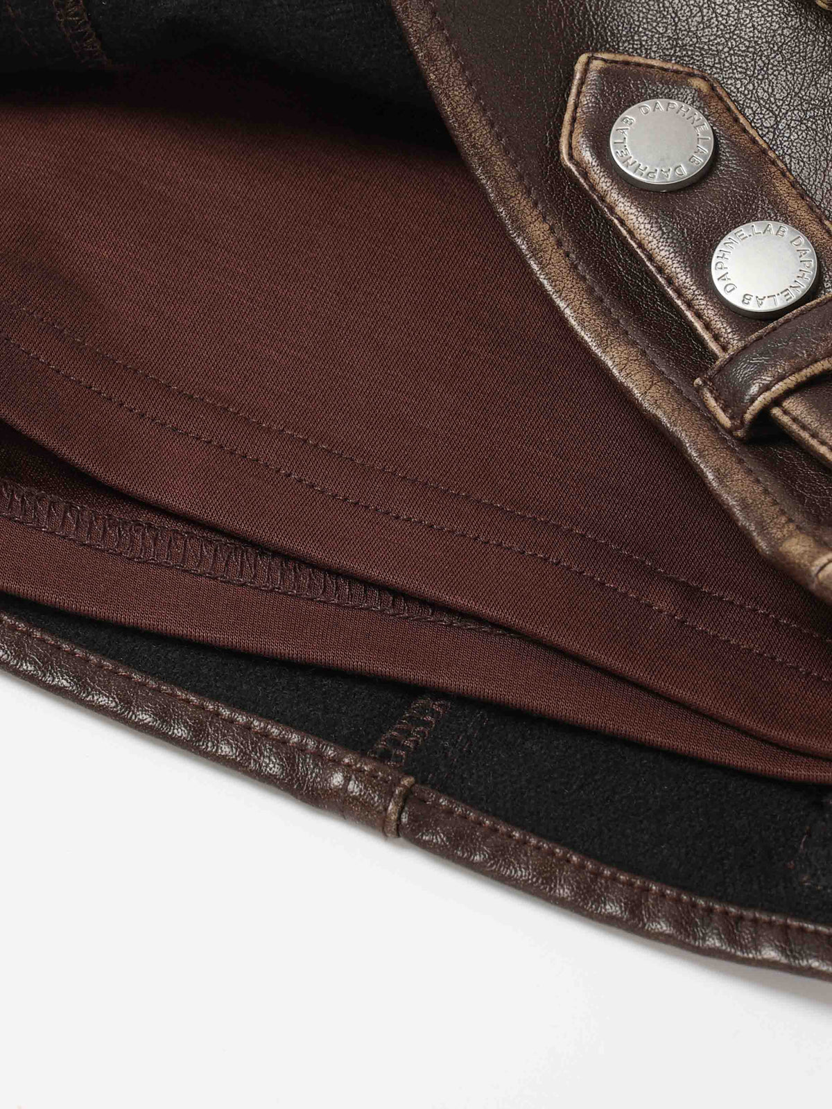 Distressed Biker Buckle Mini Skirt Brown