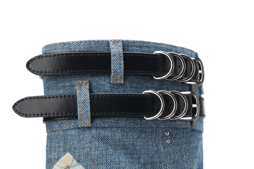 ADRASTEIA Graphic Denim Cargo Knee-High Boots Blue
