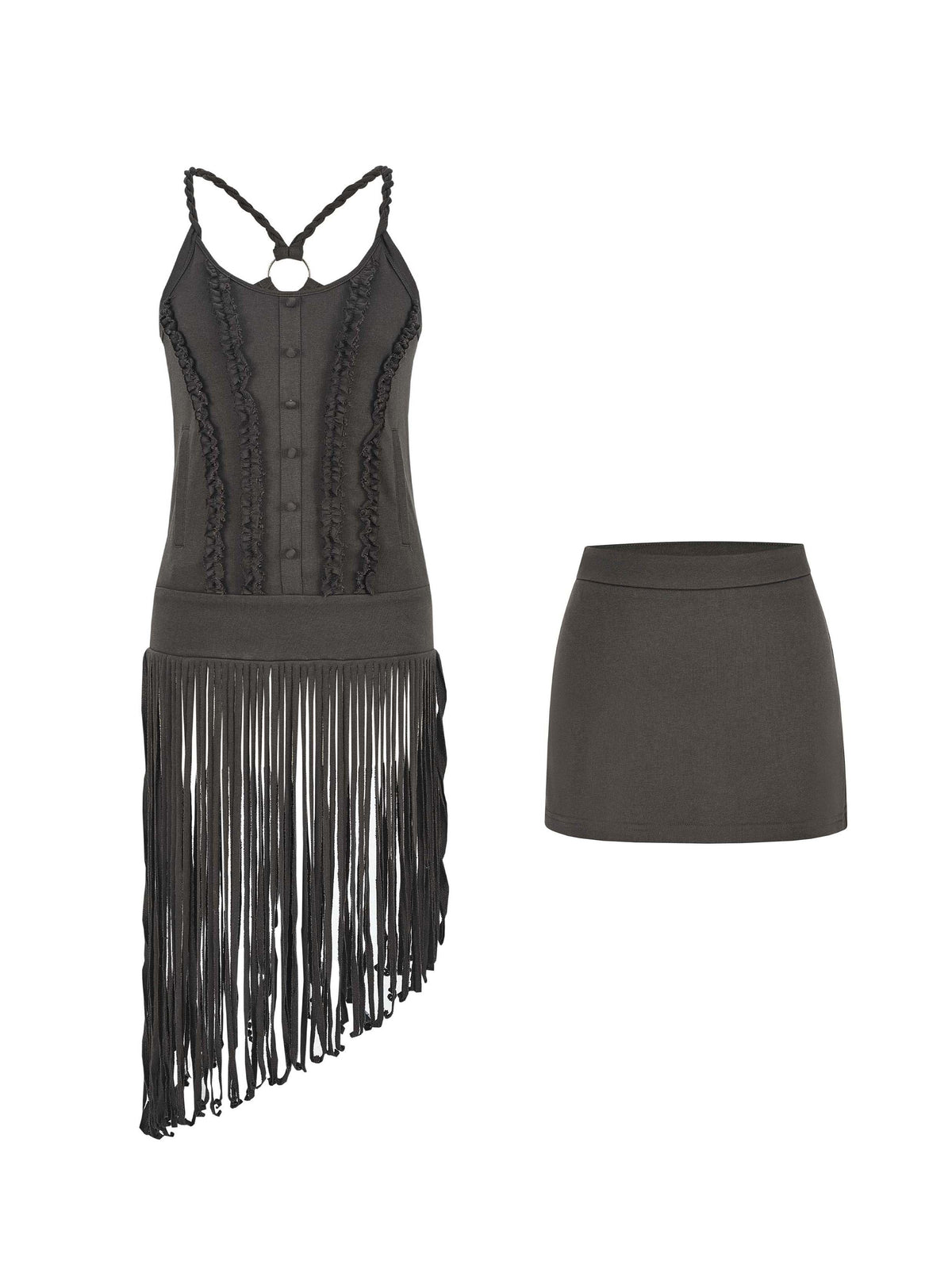 Fringe Cami Dress Set Espresso Brown